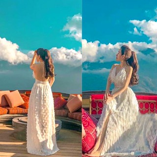 Đầm đi biển trắng maxi lông vũ cổ yếm sang chảnh xẻ tà dáng dài hở lưng quyến rũ
