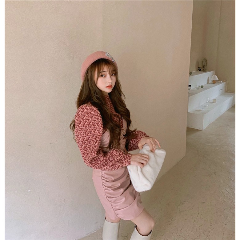 Set đầm da hai dây + áo dài tay vải dạ tweed màu hồng đáng yêu phong cách ulzzang Hàn Quốc