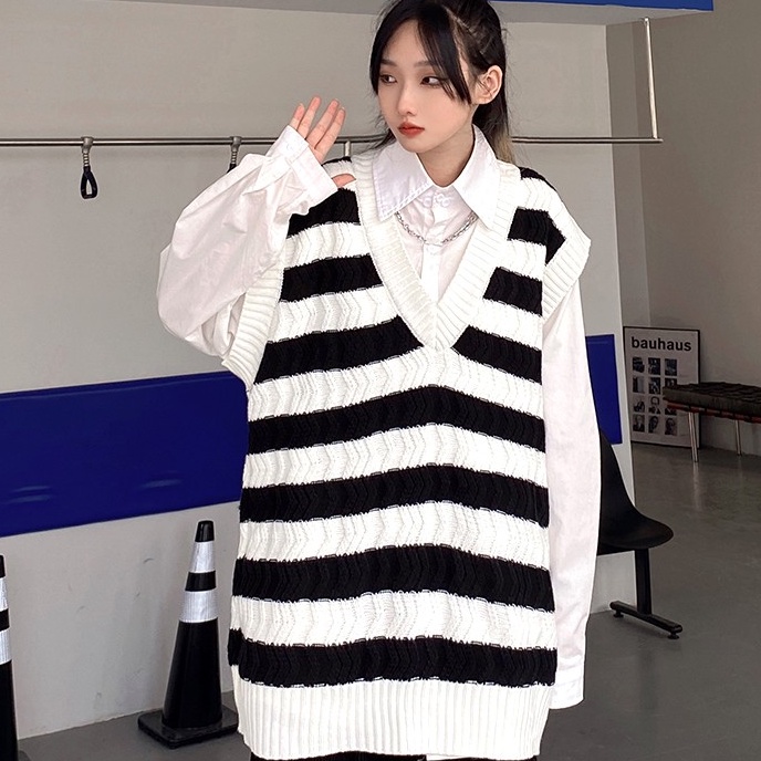 [Áo gile nữ len form rộng] áo len nữ sweater phong cách hàn quốc học sinh sinh viên, mẫu kẻ đi chơi đi học mùa đông