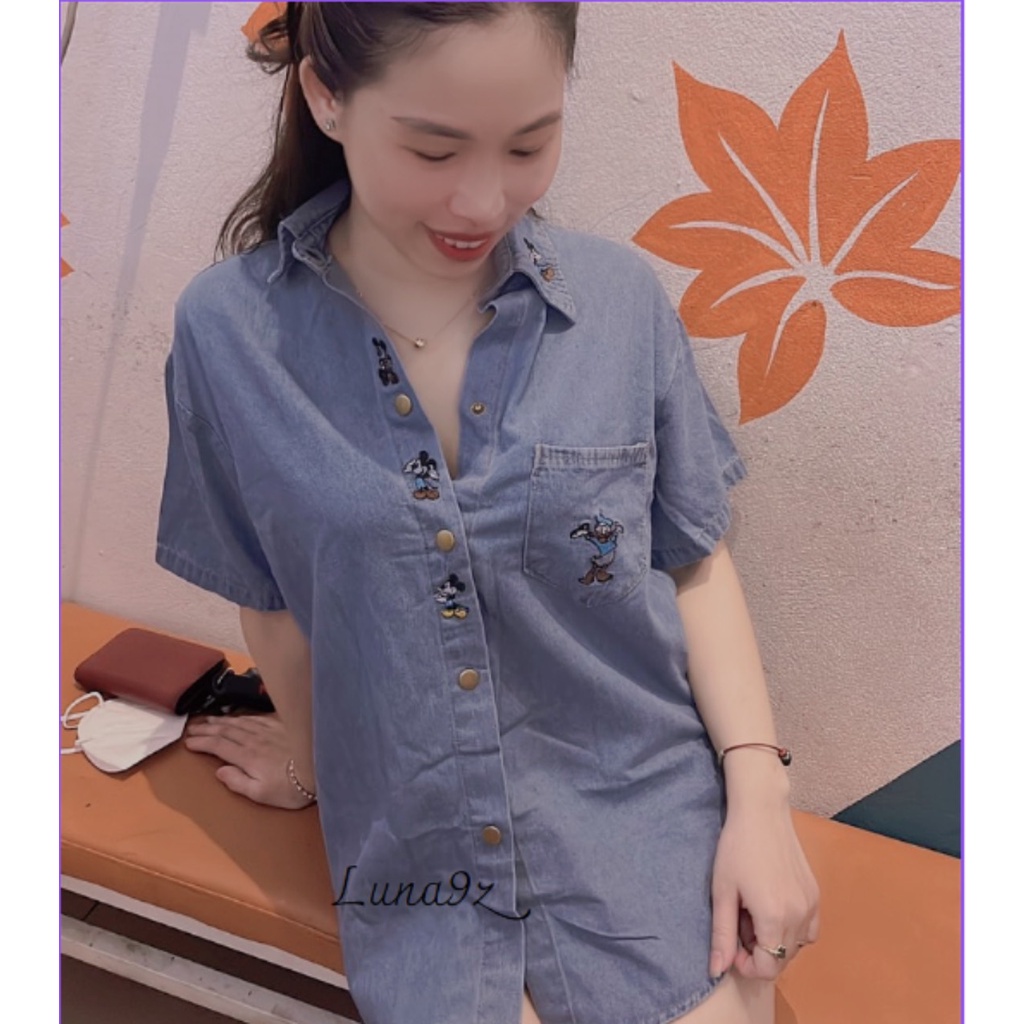 Áo sơ mi bò denim mickey chất jeans mềm mại form rộng cho nữ AO12