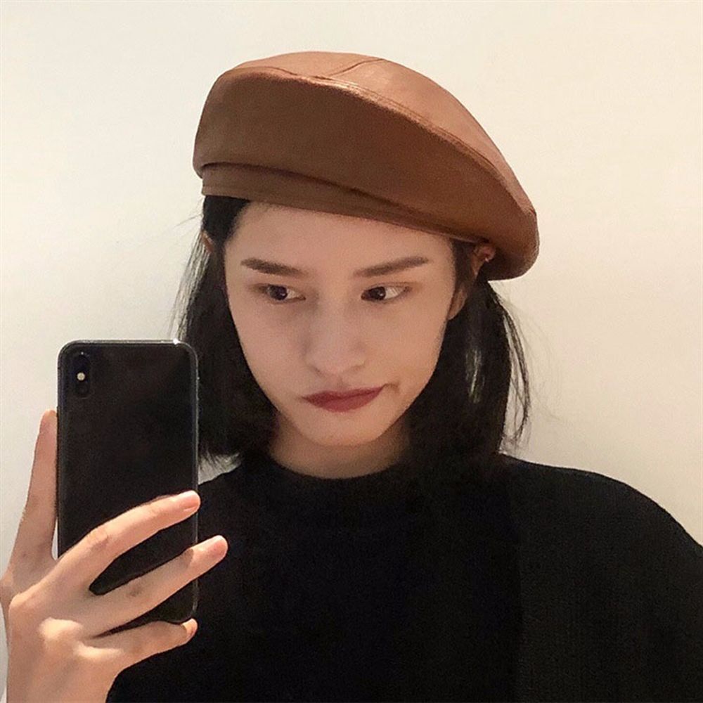 Mũ Beret Da Pu Giữ Ấm Mùa Thu Đông Phong Cách Hàn Quốc Cho Nữ