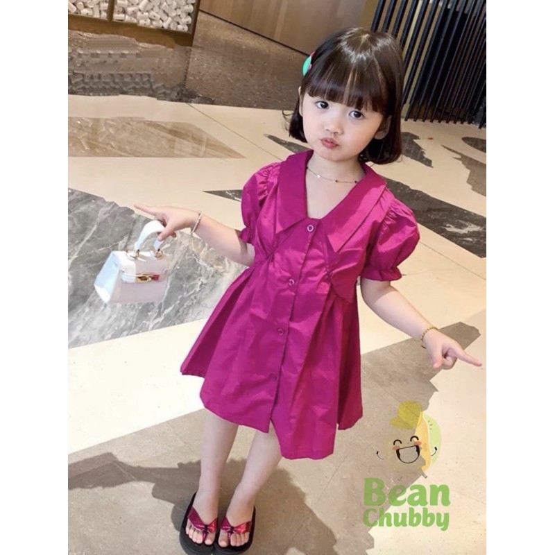 Đầm thô tay bồng cổ đức hồng sen BEAN CHUBBY