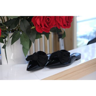 [Giày xinh toàn quốc] Giày bệt đế bằng kiểu Mules (Sục) da bóng mềm, đính nơ mũi, cao 2cm mã 100467