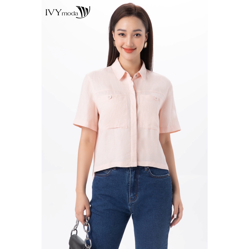 Áo sơ mi croptop phối túi trước nữ IVY moda MS 16B9263