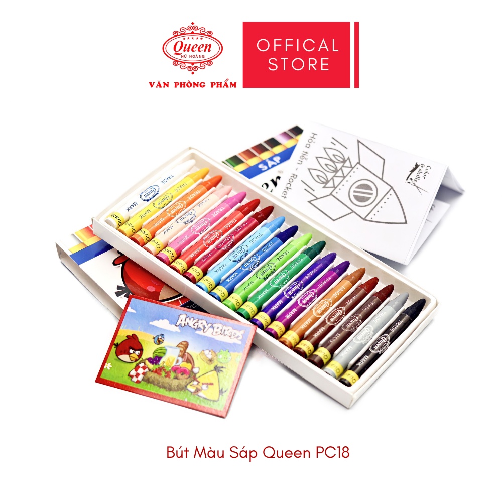 Bút sáp màu Queen  - Hộp giấy 12 màu/18 màu - Chính Hãng - Tặng Sticker Hoạt Hình & Giấy Tô Màu