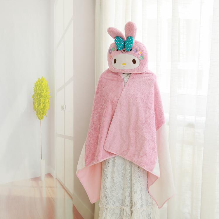 Chăn Choàng Có Mũ Tai Thỏ Họa Tiết Hoạt Hình Dễ Thương
