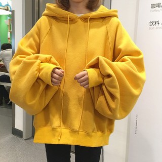 Áo Hoodie Tay Phồng Dáng Rộng Màu Sắc Trơn Phong Cách Hàn Quốc Kích Thước Lớn Cho Nữ