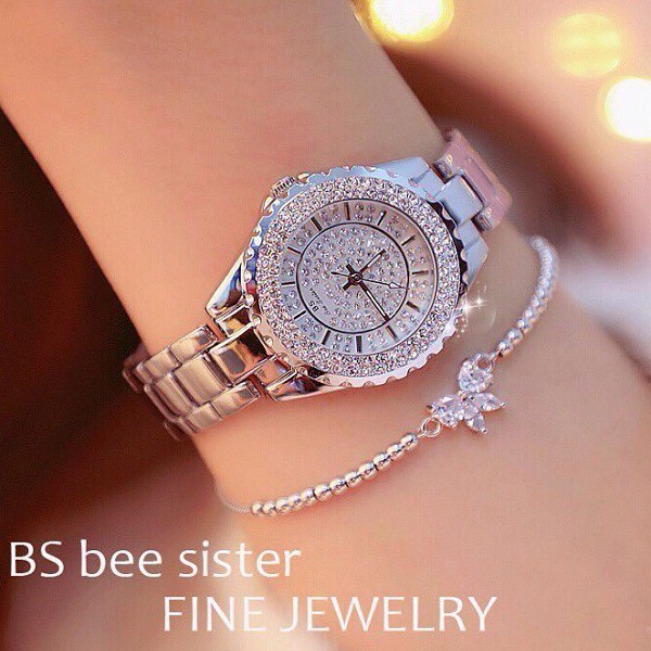 Đồng Hồ Nữ BS Bee Sister MS130 Mặt Tròn Viền Đính Đá Dây Thép Chính Hãng