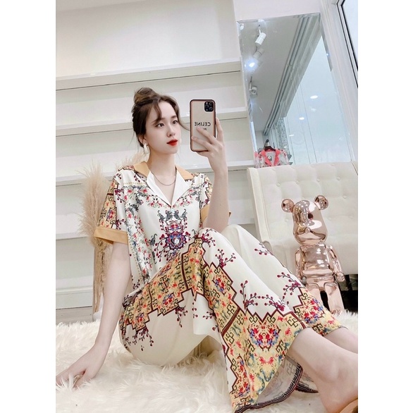 PIJAMA TAY NGẮN ĐỒNG KỴ VÀNG CLC LỤA SATIN CAO CẤP QC U003.