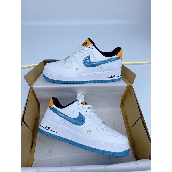 GIÀY AF1 LOW TRẮNG XANH GÓT CAM DA THẬT LAI AU