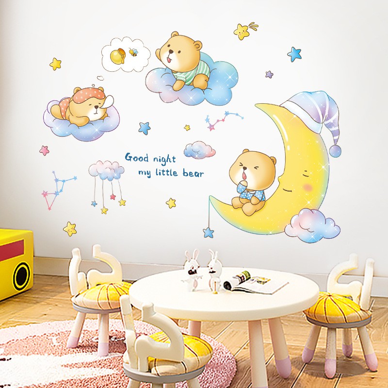 Decal dán tường gấu ngồi cung trăng QR9528