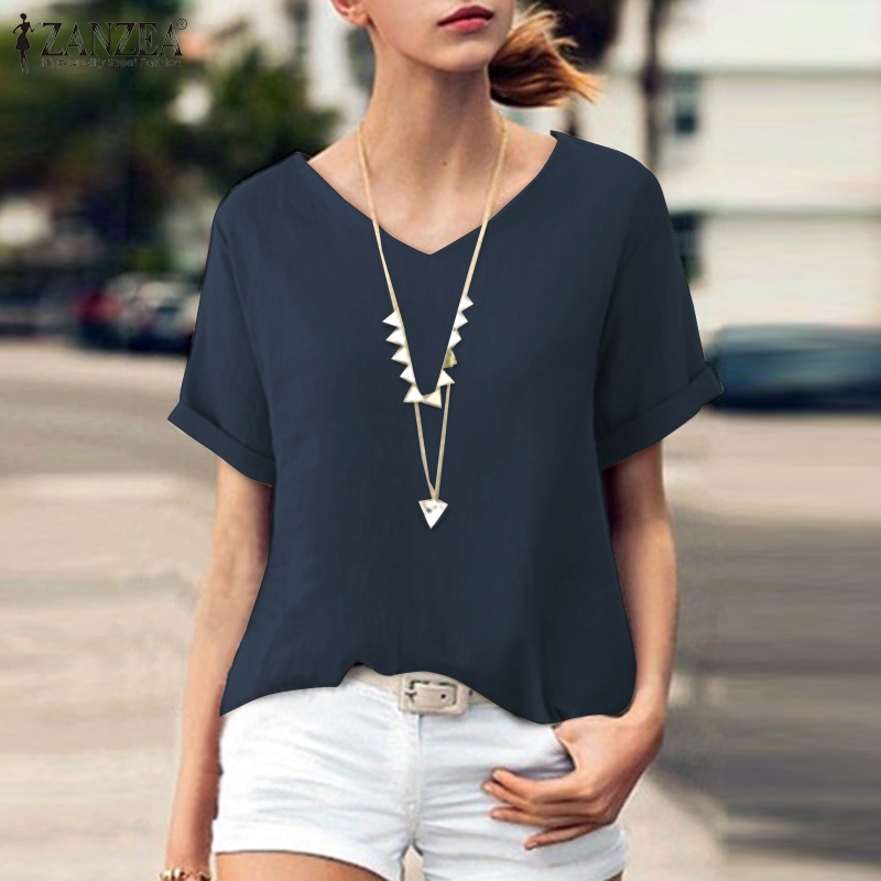 Áo kiểu ZANZEA từ cotton tay ngắn cổ chữ V dáng rộng màu trơn tùy chọn thời trang cho nữ