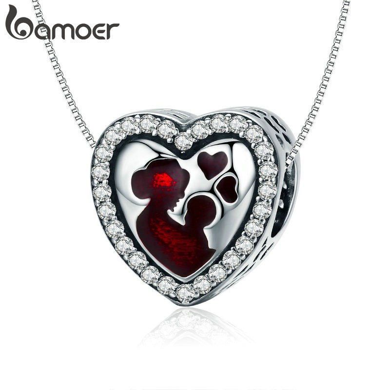 Hạt phụ kiện BAMOER PA5334 hình trái tim họa tiết tình yêu của mẹ dùng làm dây chuyền/vòng tay/trang sức thủ công
