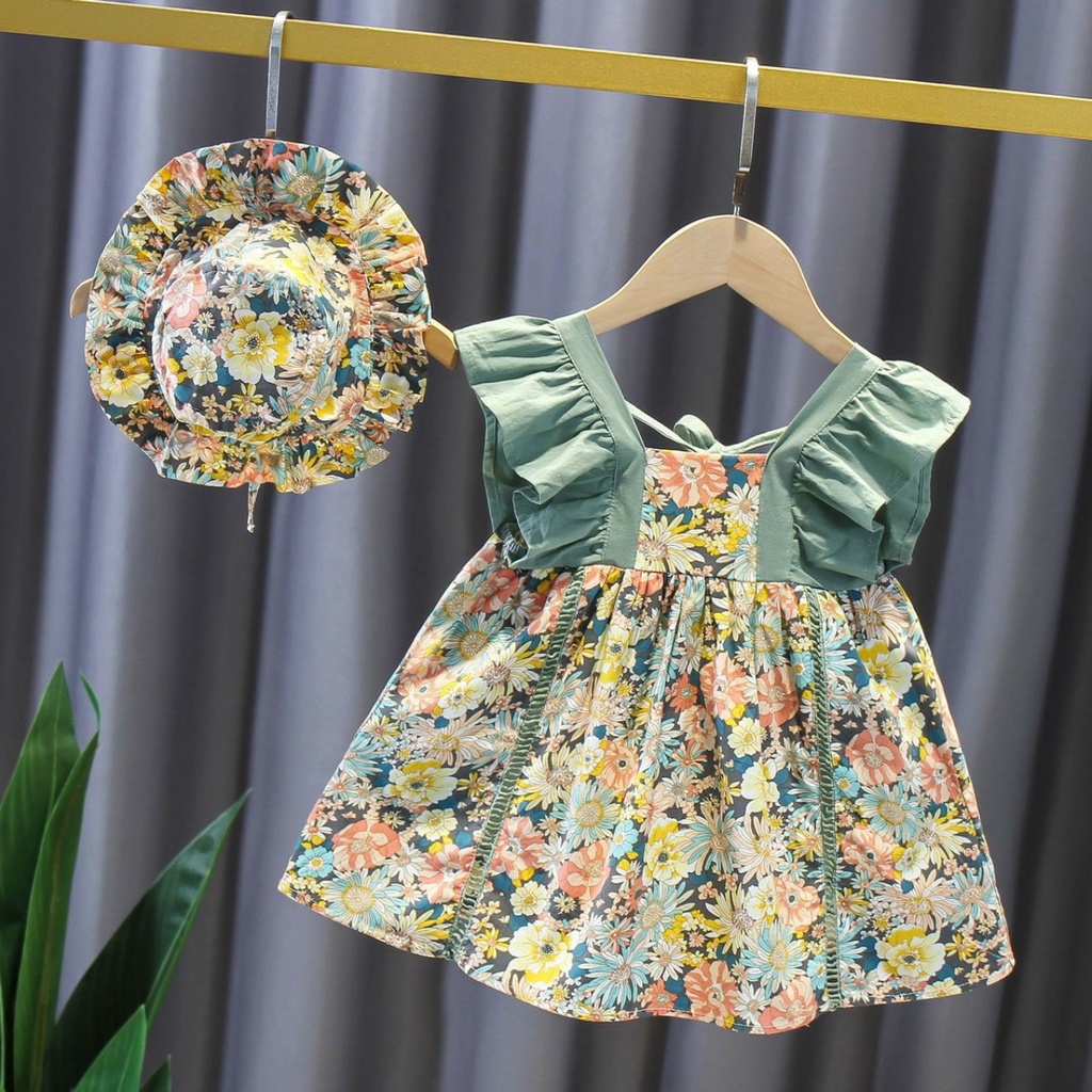 Váy Thô Hoa Nhí Kèm Mũ Cho Bé Gái Size 7 - 18 kg
