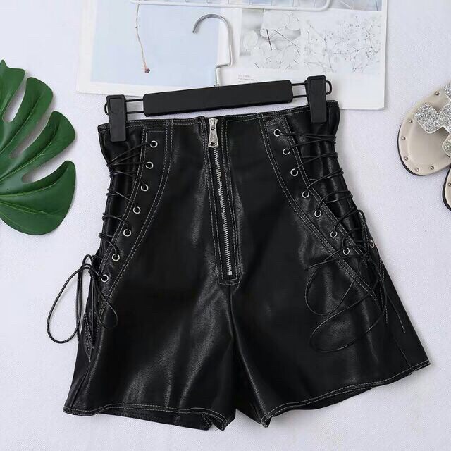 Quần đùi da cạp cao dây hông