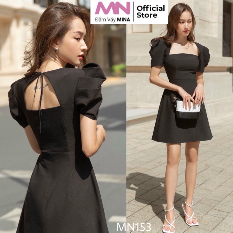 Đầm hở lưng cột dây dáng suông mini tay phồng ngắn vải Cotton màu đen MINA quyến rũ sang trọng phù hợp dự tiệc MN153