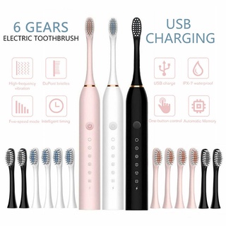 Bàn Chải Đánh Răng Điện Sạc USB 6 Chế Độ Không Thấm Nước + 4 Đầu Bàn Chải Thay Thế