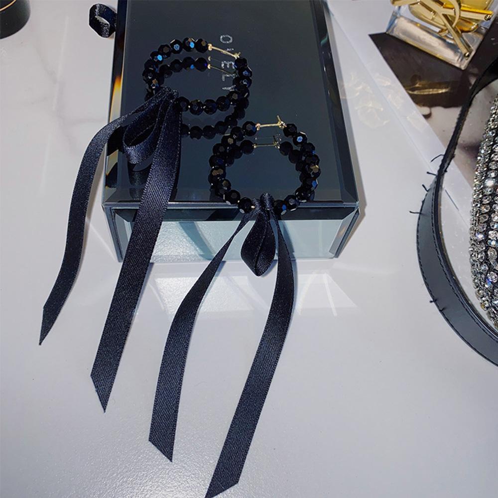 Bông Tai Dáng Dài Phối Dây Ruy Băng Đính Hạt Thời Trang Cho Nữ