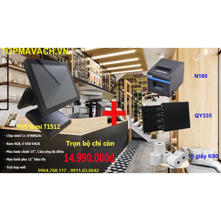 MÁY POS TÍNH TIỀN THU NGÂN SUMI T1512 TẶNG MÁY IN BILL + KÉT THU NGÂN