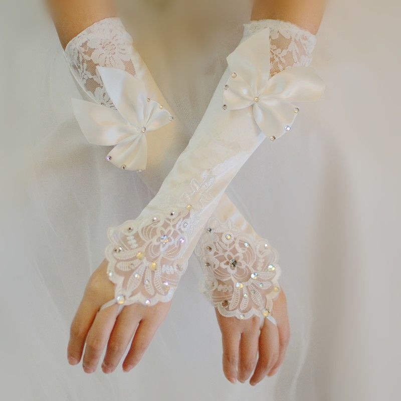 Găng Tay Dài Không Ngón Bằng Ren Satin Trắng Trang Điểm Cho Cô Dâu/Phù Dâu