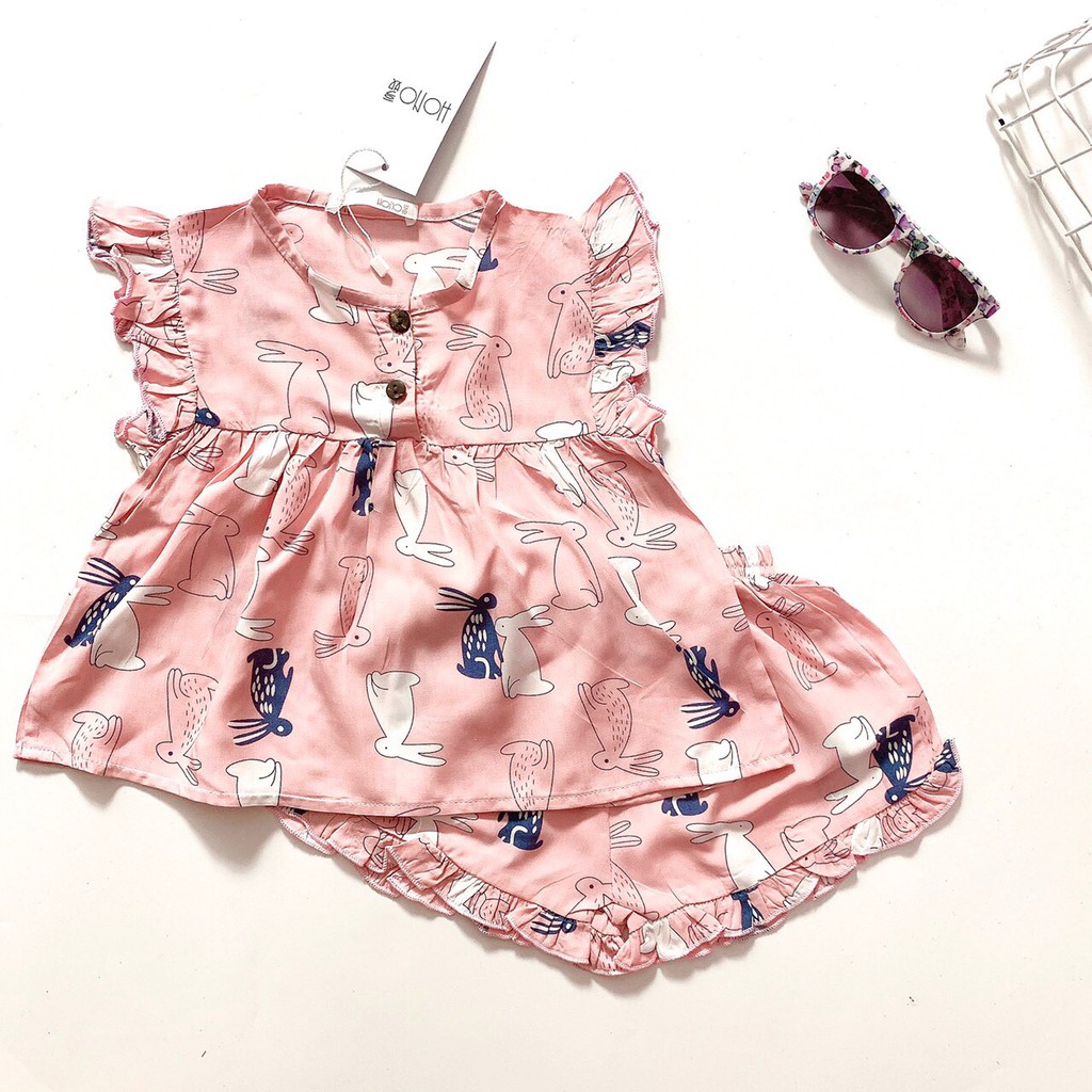 Bộ bé gái HONO ngắn tay chất vải lanh mát cho bé gái mặc nhà đi học size 6-10 tuổi