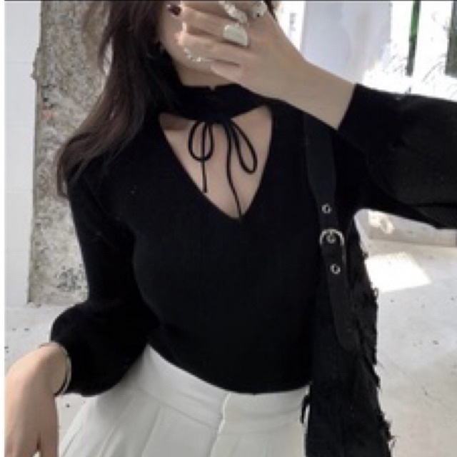 Áo kiểu croptop tay dài phối dây thời trang