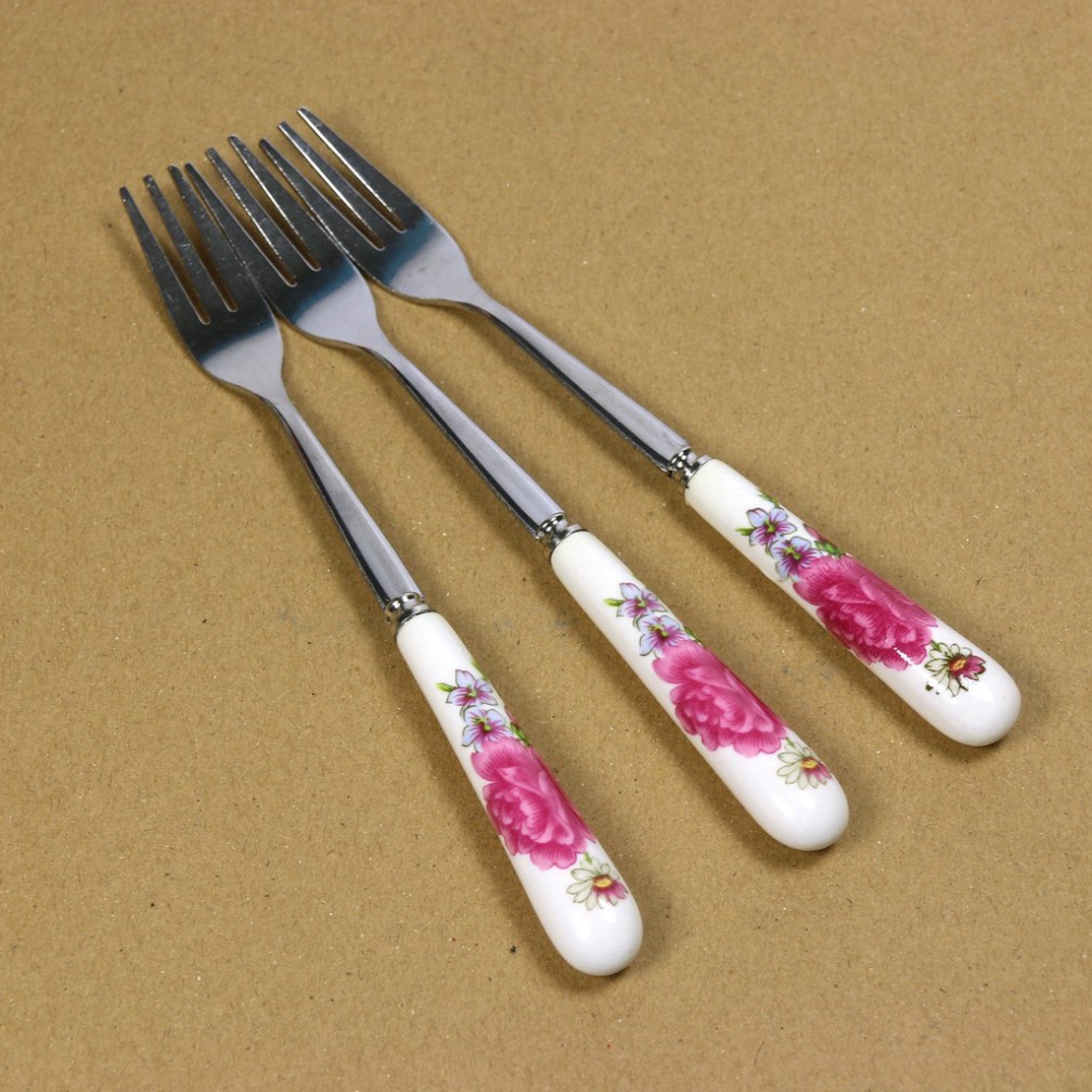 HOT [ Flash Sale ] Bộ 5 nĩa inox dĩa cán sứ họa tiết đẹp