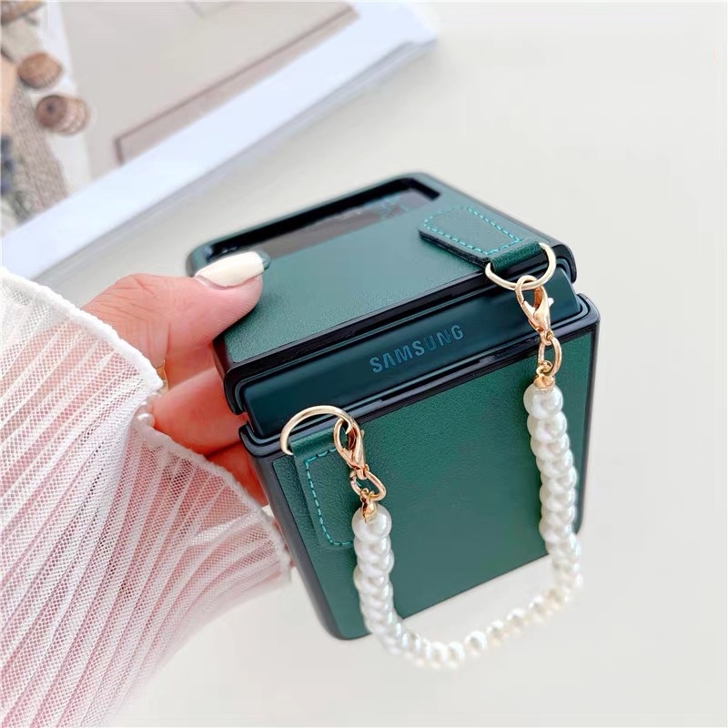 Bao Da Điện Thoại PU Dạng Gập Chống Sốc Có Dây Xích Cho Samsung Galaxy Z Flip 3 Flip1/2