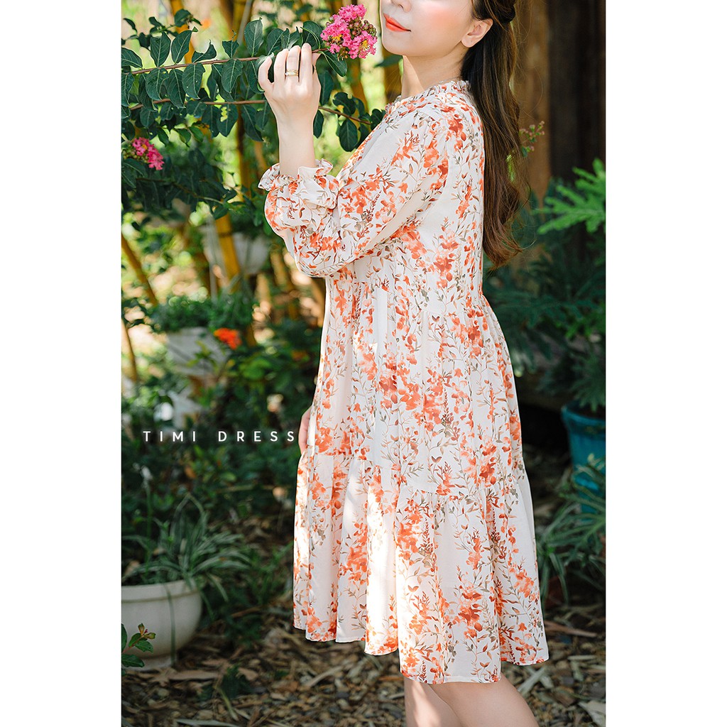 Váy hoa nhí, đầm babydoll tay dài , dáng xuông voan 2 lớp dễ thương DAM0201