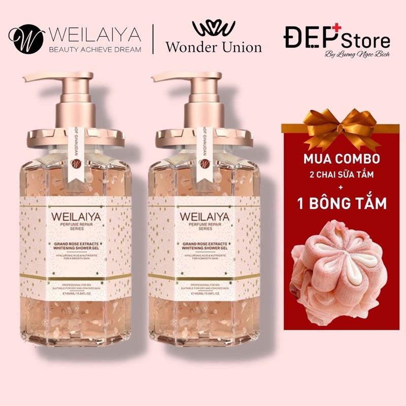 Sữa tắm Weilaiya trắng da cánh hoa hồng Damask 450ml tặng bông tắm