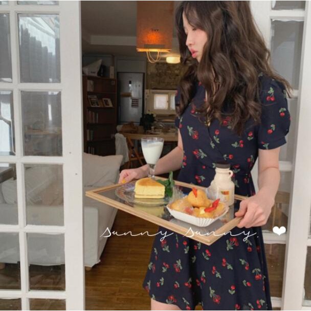 Đầm Tay Phồng Cổ Chữ V In Họa Tiết Trái Cherry Xinh Xắn Dành Cho Nữ 27849