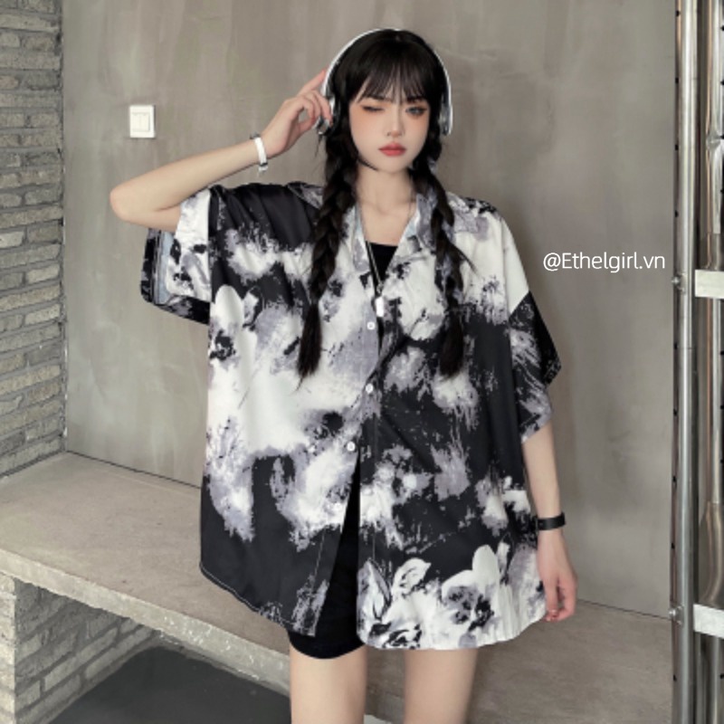 Áo sơ mi tay ngắn dáng rộng màu nhuộm thời trang hàn quốc cổ điển cho nữ