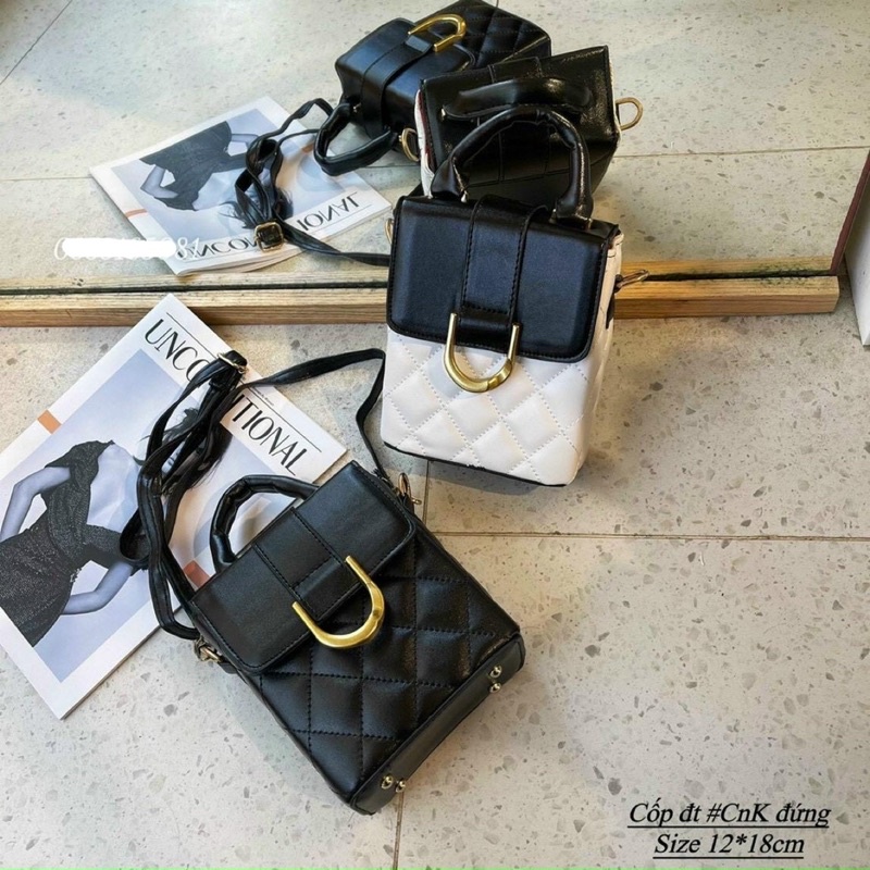 Túi đeo chéo,túi điện thoại dáng đứng có quai xách trần trám khoá móng ngựa phối màu siêu sang chảnh