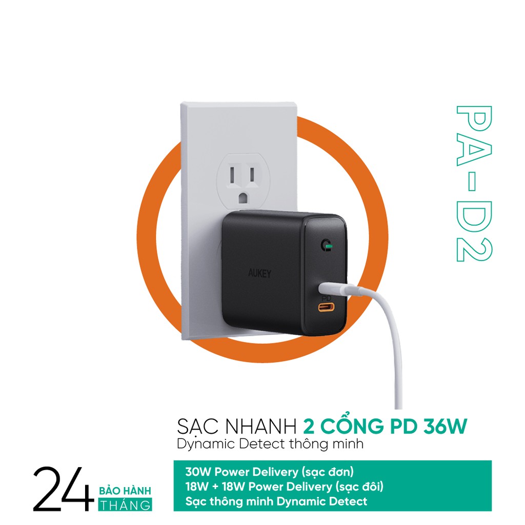 [Mã ELTECHZONE giảm 5% đơn 500K] Cốc Sạc Nhanh 2 Cổng PD 36W AUKEY PA-D2, Công Nghệ Dynamic Detect - Hàng Chính Hãng