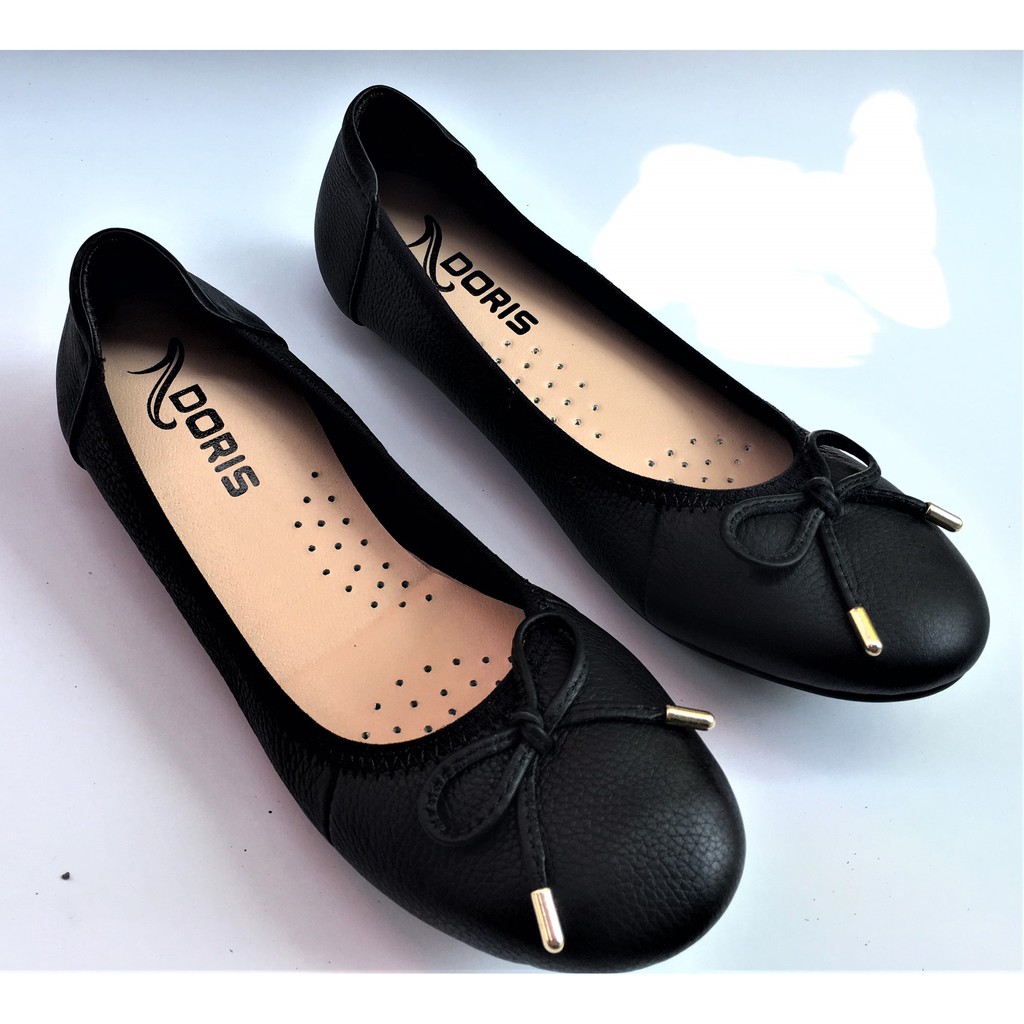 Giày búp bê nữ ❤️FREESHIP❤️ da thật mũi tròn gắn nơ nhỏ màu đen DORIS DR007. | BigBuy360 - bigbuy360.vn