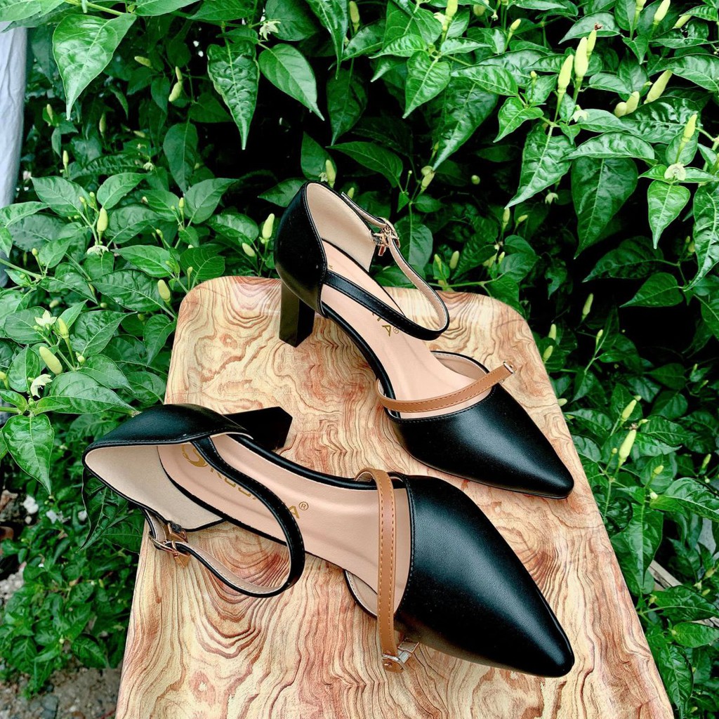 [Freeship] Giày sandal nữ cao gót 6cm hàng hiệu rosata hai màu đen da ro315