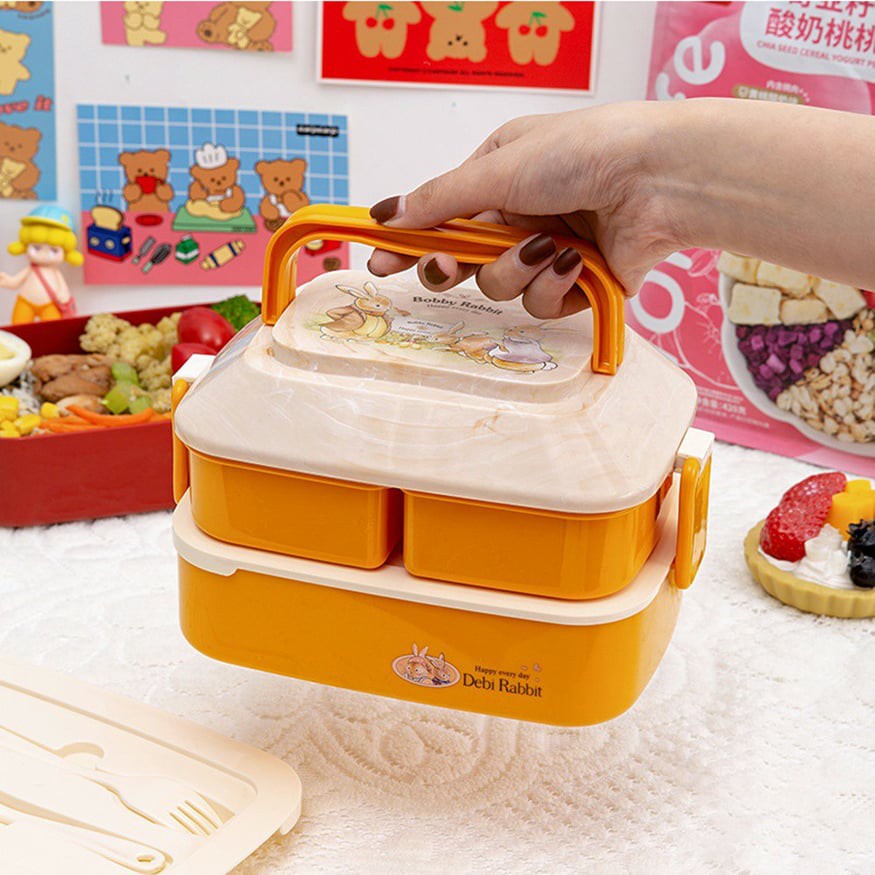 Hộp Cơm Văn Phòng Bento Kiểu Nhật 2 Tầng Và Quai Xách, Có Kèm Thìa Rĩa