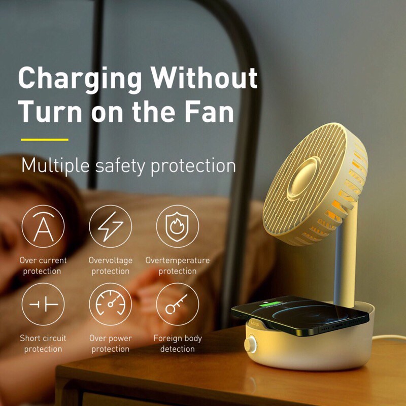 Quạt để bàn thông minh hỗ trợ sạc không dây Baseus Hermit desktop wireless charger with oscillating fan 4W quạt, 10W sạc