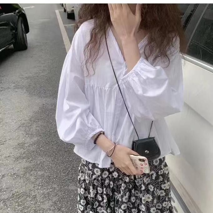 Set Áo Sơ Mi Tay Dài Cổ Chữ V Phối Chân Váy Hoa Thời Trang Hàn Quốc Xinh Xắn Cho Nữ