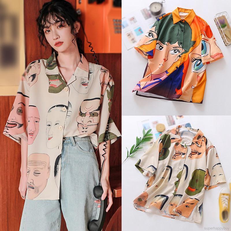 Áo Sơ Mi Nữ Tay Ngắn Dáng Rộng In Hình Hoạt Hình Phong Cách Hàn Quốc