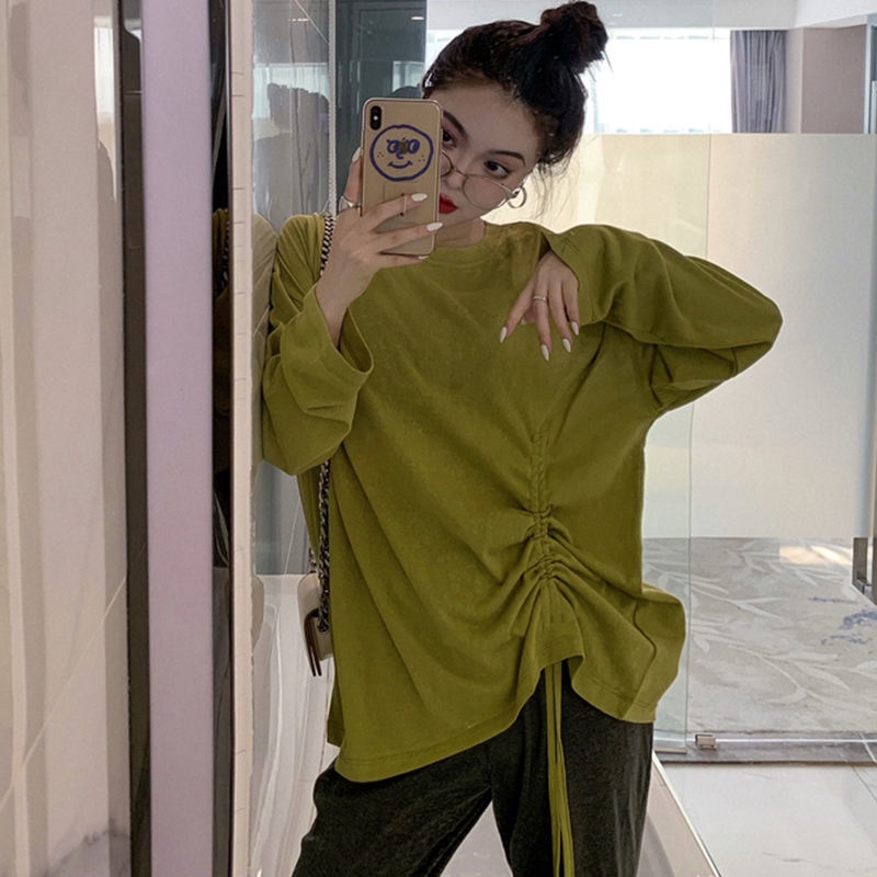 Áo Thun Tay Dài Phối Dây Rút Phong Cách Hong Kong Thời Trang Cho Nữ