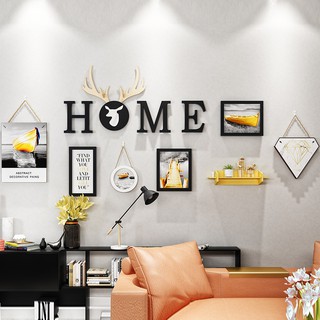 Khung ảnh treo tường bộ 6 khung kèm chữ Home và kệ tone vàng KA186