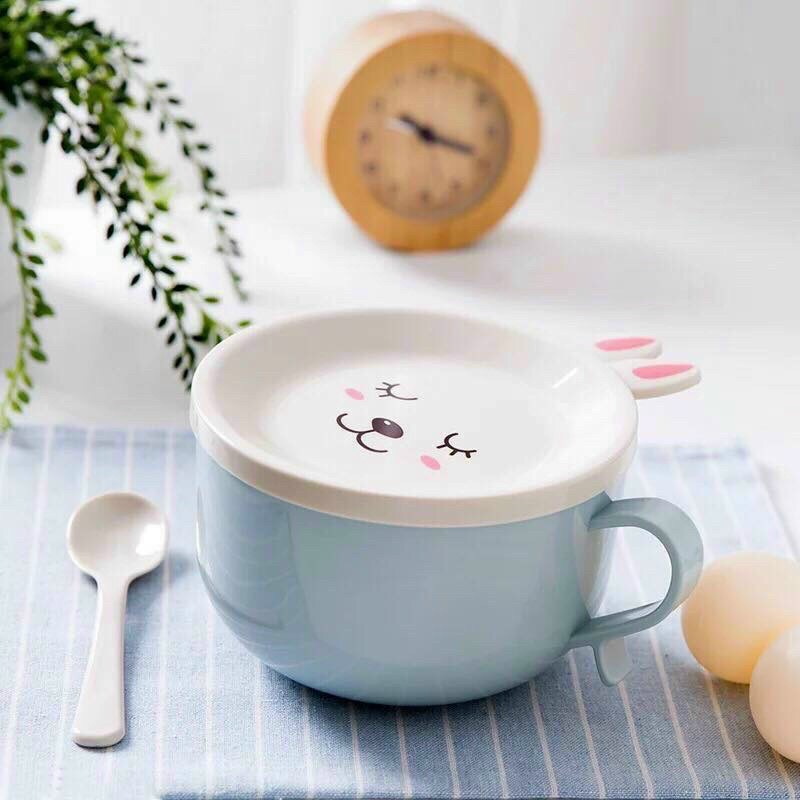 Bát ăn mì, bát úp mì tôm inox 2 lớp cách nhiệt hình thú dễ thương có nắp đậy