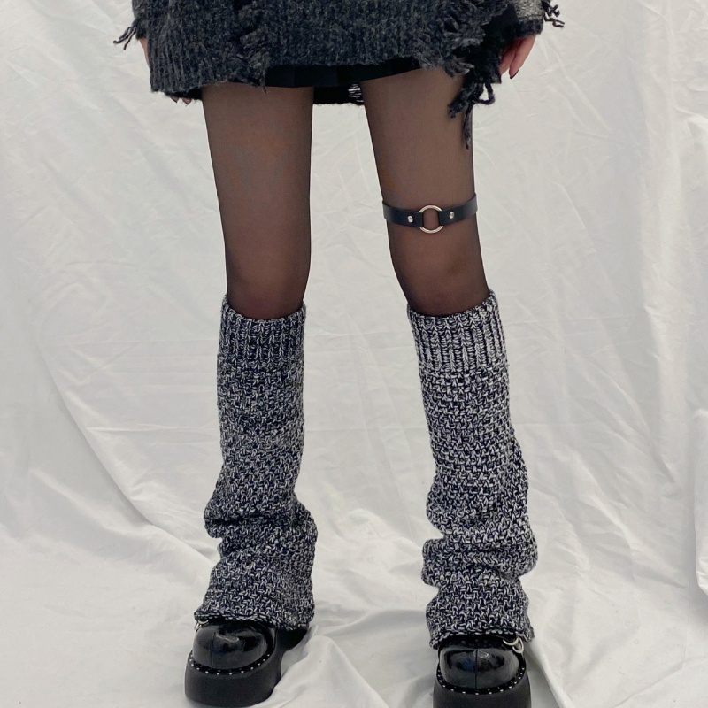 Youyo Vớ Ống Loe Dệt Kim Giữ Ấm Chân Màu Xám Đen Phong Cách Punk Gothic Harajuku Cổ Điển Cho Nữ