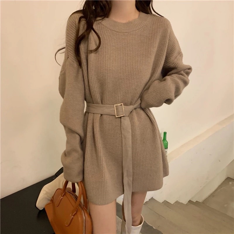 Áo Len Suông Dáng Dài Nữ Màu Đen Ghi Nâu Cổ Tròn Dài Tay Có Dây Đai Điều Chỉnh, Váy Len Bầu Basic Rộng Loại 1