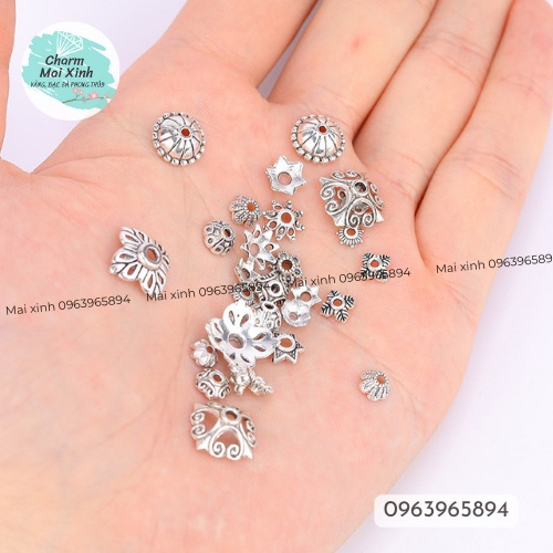 Charm Chặn Bạc, Đế Hoa Úp Hạt Vòng Tay - phụ kiện vòng tay tự làm handmade