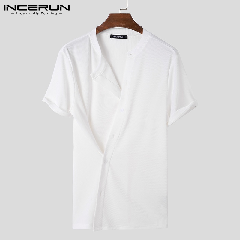 Áo sơ mi INCERUN tay ngắn dáng rộng phối nút thiết kế độc đáo thời trang cho nam