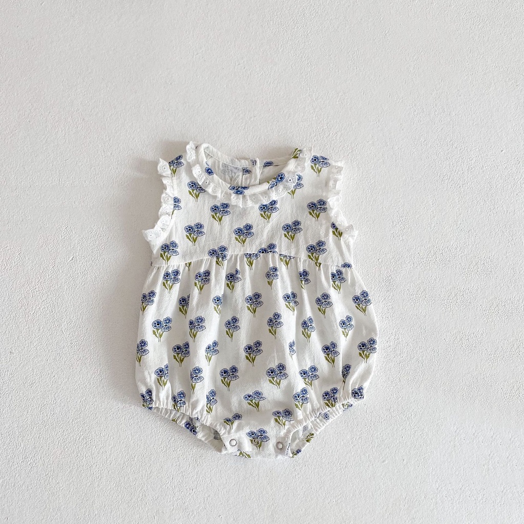 Bộ Áo Liền Quần Sát Nách Vải cotton Phối Ren Hoa Dễ Thương Cho Bé Gái