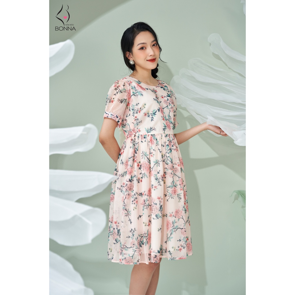 Đầm bầu hoa nhí BONNA dáng babydoll chất voan mỏng mịn, có lớp lót lụa bên trong, thoáng mát, nhẹ nhàng VS028