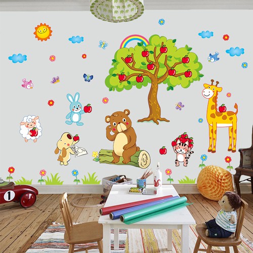 Decal dán tường cho bé trai - gái học các con vật tiếng, tranh dán tường cho bé